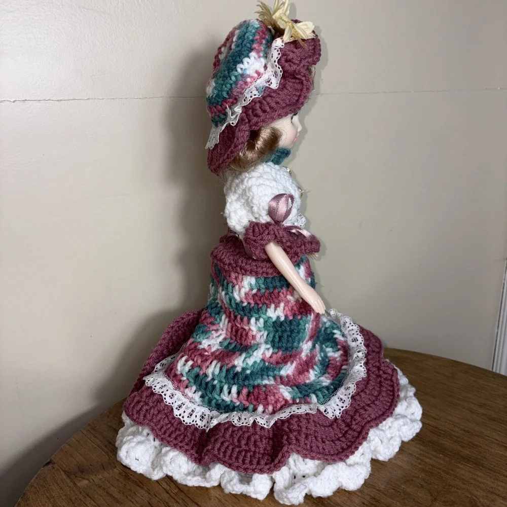 Vintage Crochet Doll Handmade Mauve Multicolor Dress